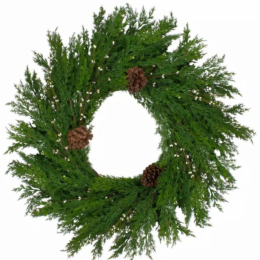 Christmas Greenery * | Northlight 32 In. Unlit Green Cypress With Pinecones And White Berries Artificial Christmas Wreath