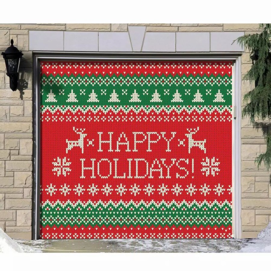 Outdoor Christmas Decorations * | My Door Decor 7 Ft. X 8 Ft. Ugly Christmas Sweater Happy Holidays-Christmas Garage Door Decor Mural For Single Car Garage