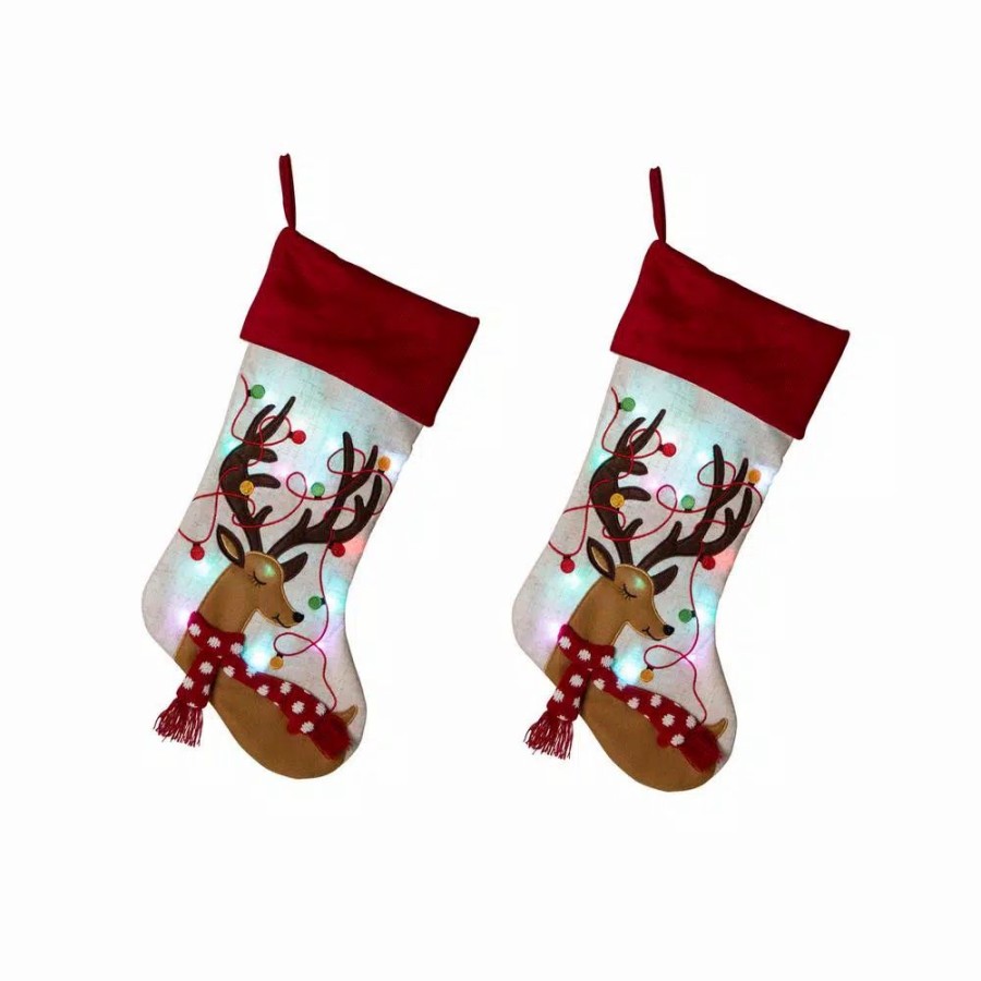 Indoor Christmas Decorations * | Glitzhome 21 In. H Led Embroidered Polyester Linen Christmas Decoration Stocking (2-Pack)