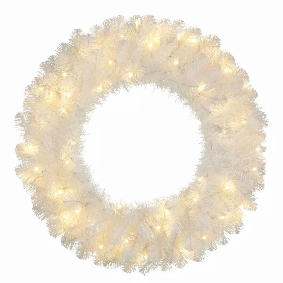 Christmas Greenery * | Home Accents Holiday 30 In. Uptown Pre-Lit Led Artificial Christmas Wreath With 136 Tips And 50 Warm White Micro Dot Lights