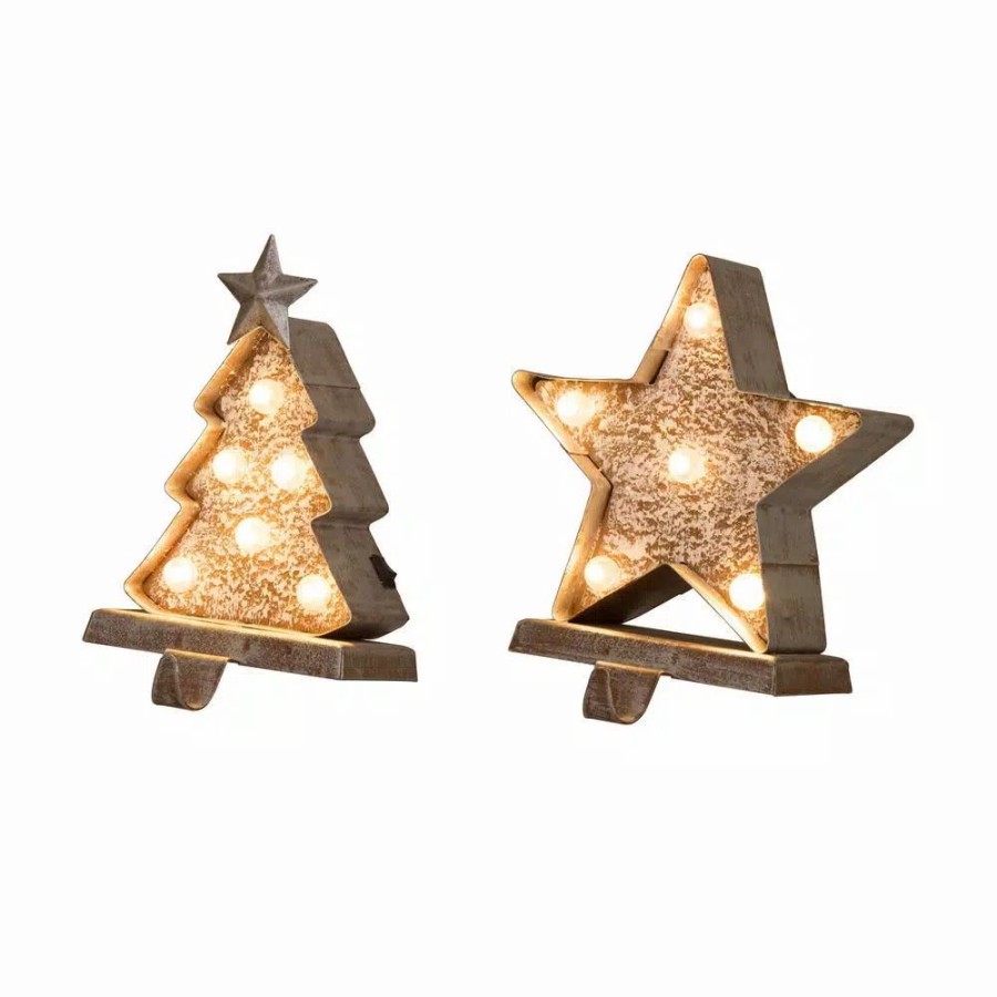 Indoor Christmas Decorations * | Glitzhome Marquee Led Wooden/Metal Christmas Tree And Star Stocking Holder (Set Of 2)