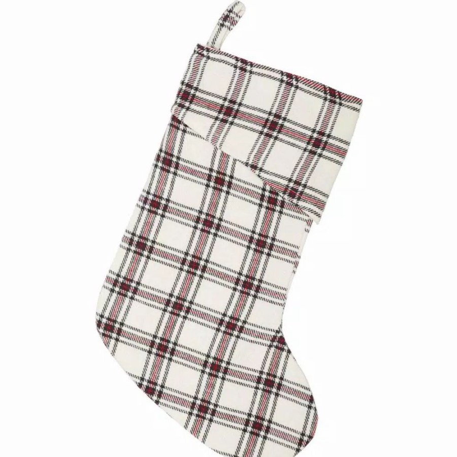 Indoor Christmas Decorations * | Vhc Brands 15 In. 100% Cotton Amory Ivory White Farmhouse Christmas Decor Plaid Stocking