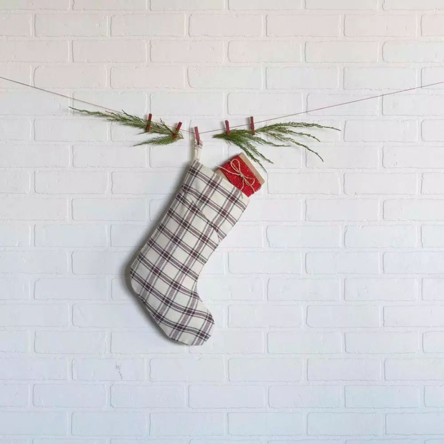 Indoor Christmas Decorations * | Vhc Brands 15 In. 100% Cotton Amory Ivory White Farmhouse Christmas Decor Plaid Stocking