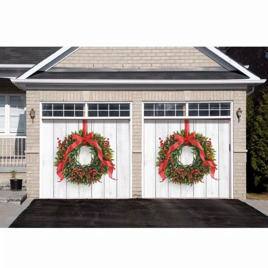 Outdoor Christmas Decorations * | My Door Decor 7 Ft. X 8 Ft. Christmas Wreath-Christmas Garage Door Decor Mural For Split Car Garage