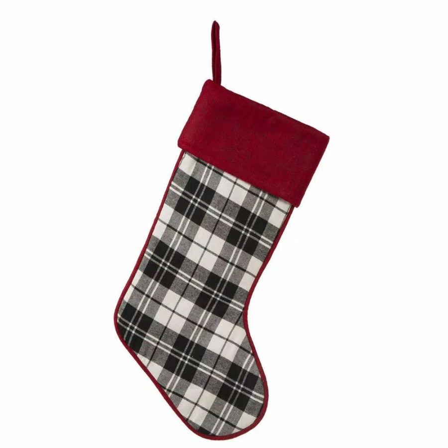 Indoor Christmas Decorations * | Glitzhome 20 In. L Black And White Plaid Fabric Christmas Stocking