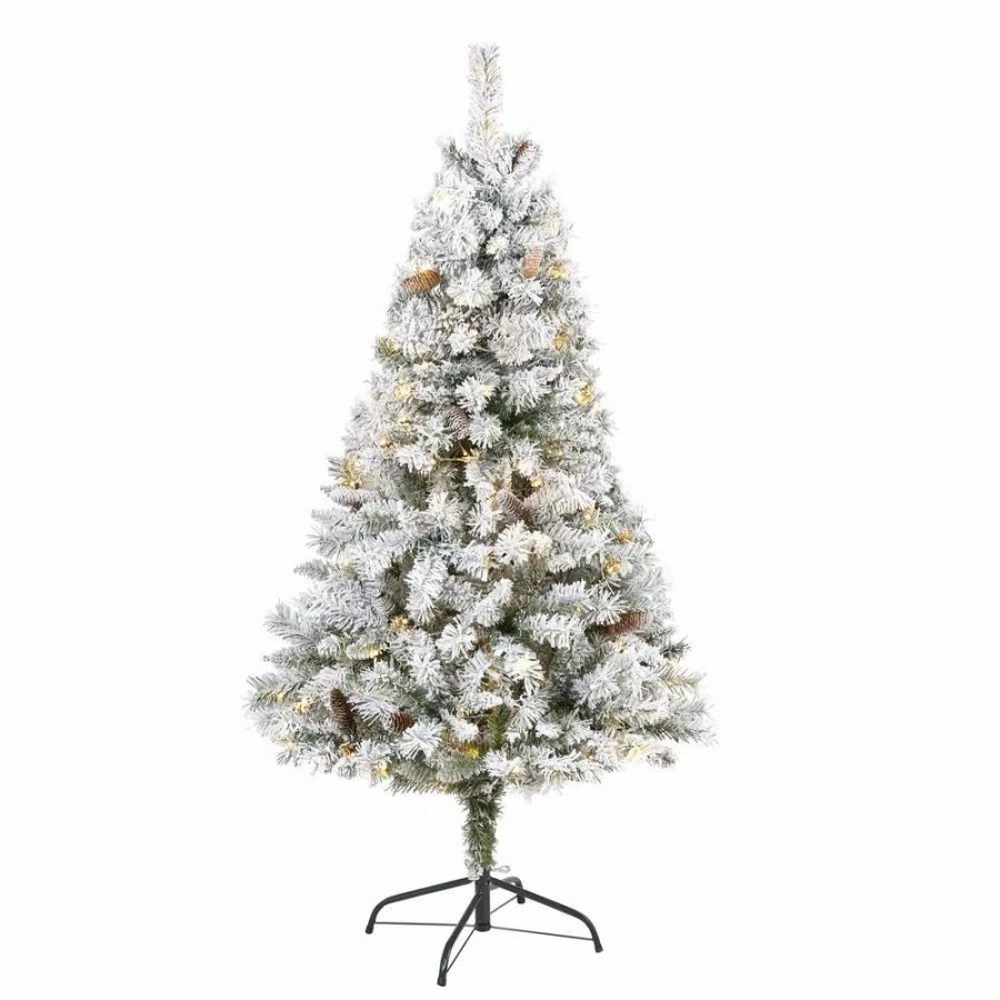 Christmas Trees * | Nearly Natural 5 Ft. White Pre-Lit Flocked River Mountain Pine Artificial Christmas Tree With Pine Cones And 150 Clear Led Lights