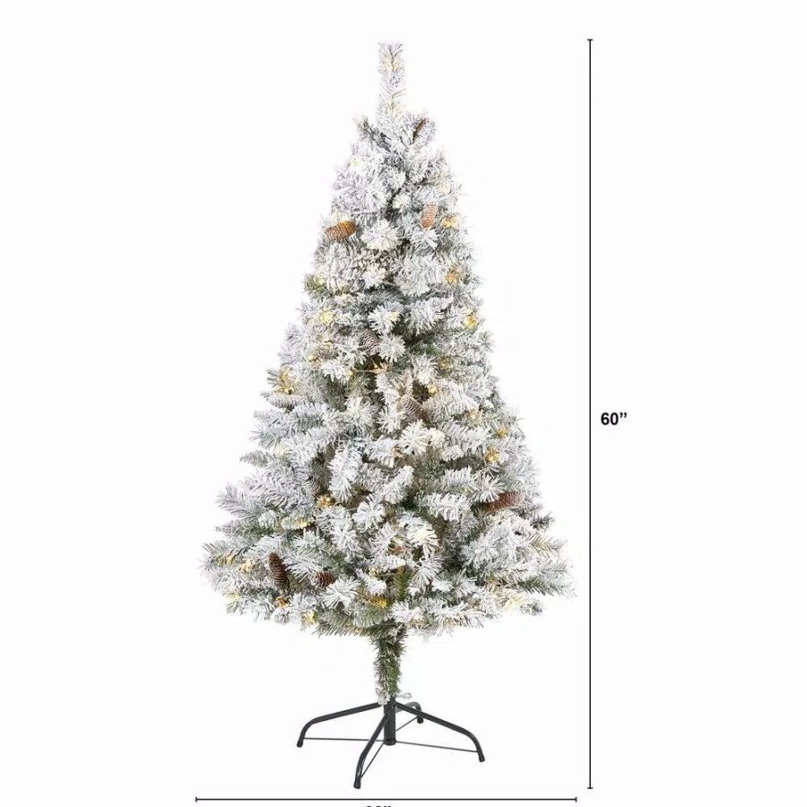 Christmas Trees * | Nearly Natural 5 Ft. White Pre-Lit Flocked River Mountain Pine Artificial Christmas Tree With Pine Cones And 150 Clear Led Lights