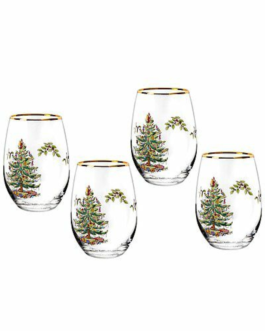 Kitchen & Dining Room * | Spode Christmas Tree Set Of 4 Stemless Wine Glasses Home