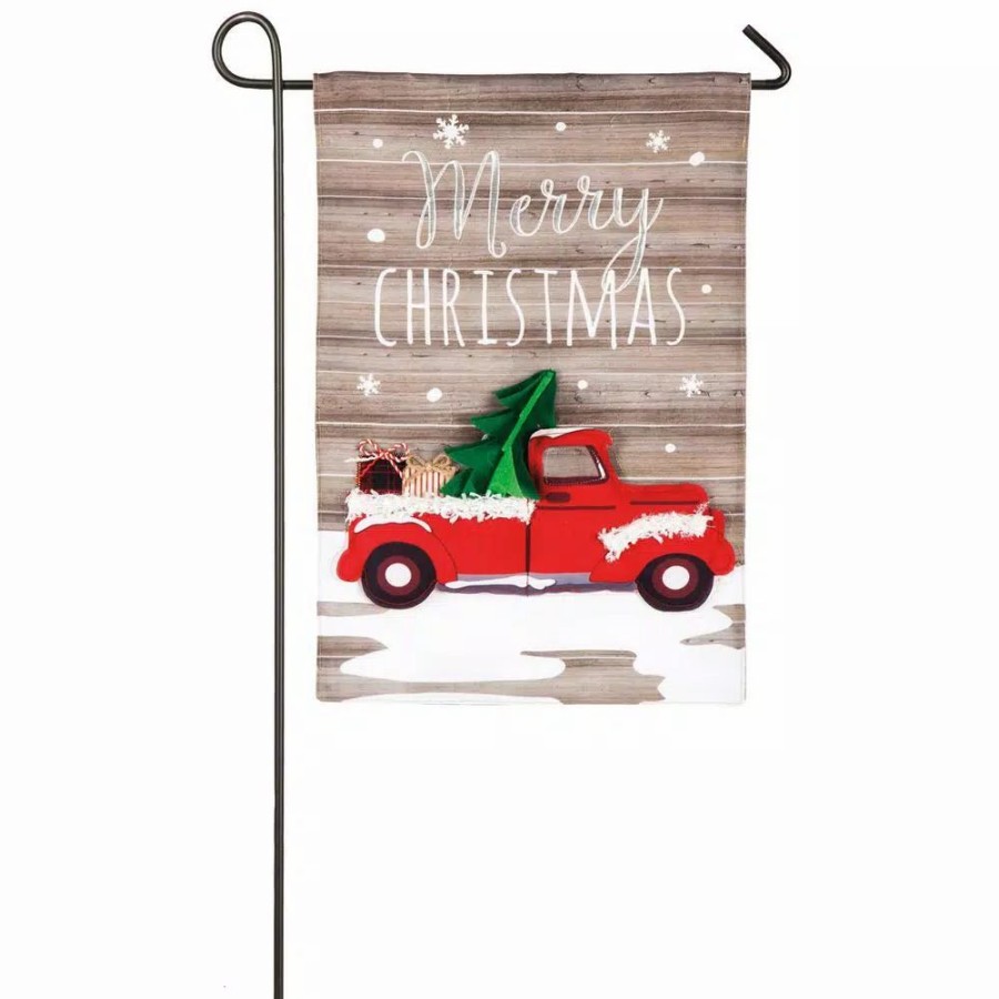 Outdoor Christmas Decorations * | Evergreen 18 In. X 12.5 In. Vintage Christmas Truck Garden Linen Flag