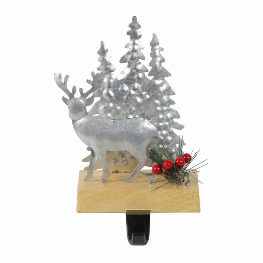 Indoor Christmas Decorations * | Northlight 8.5 In. Galvanized Metal Deer And Trees Christmas Stocking Holder