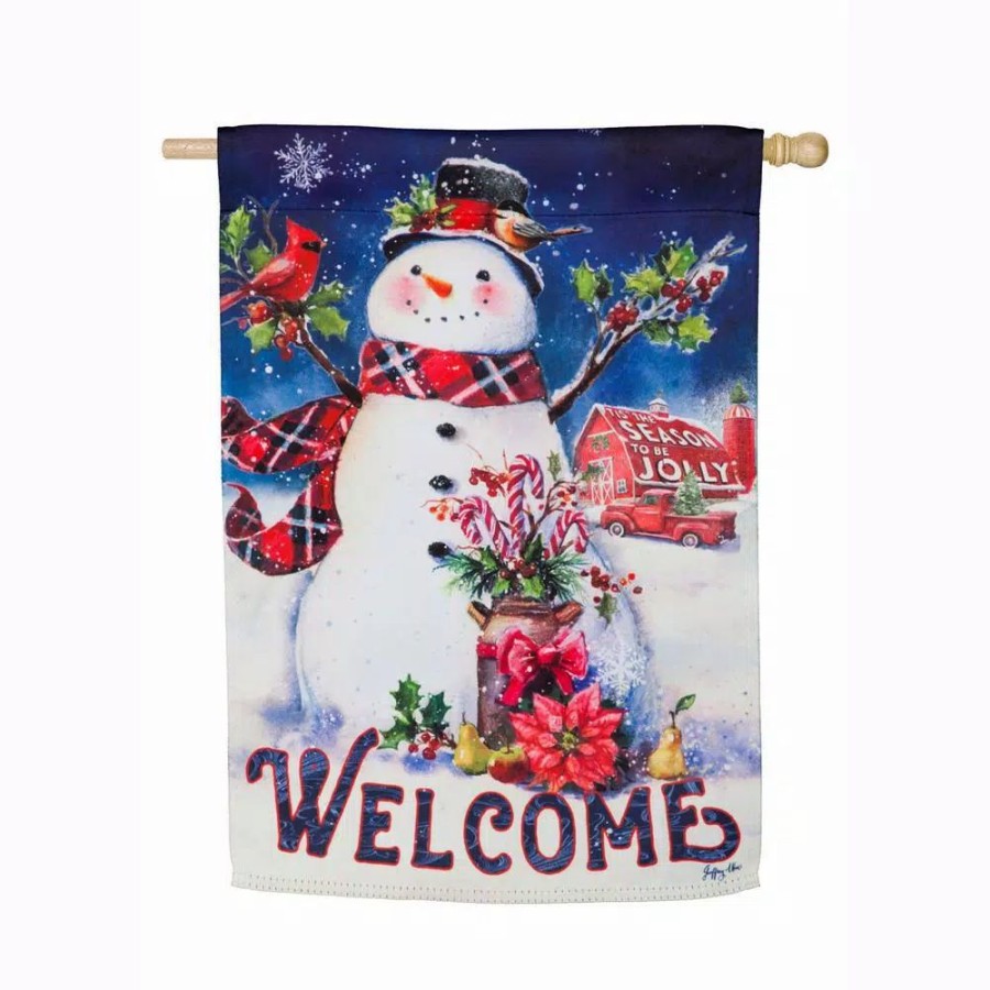 Outdoor Christmas Decorations * | Evergreen 28 In. X 44 In. Christmas Barn Snowman House Suede Flag