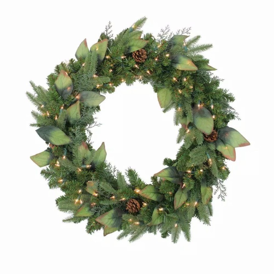 Christmas Greenery * | Northlight 30 In. Pre-Lit Mixed Winter Pine Artificial Christmas Wreath With Clear Lights