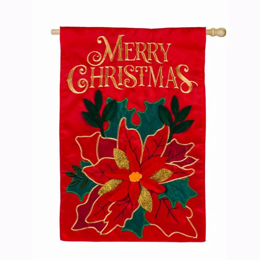 Outdoor Christmas Decorations * | Evergreen 28 In. X 44 In. Christmas Poinsettia House Applique Flag