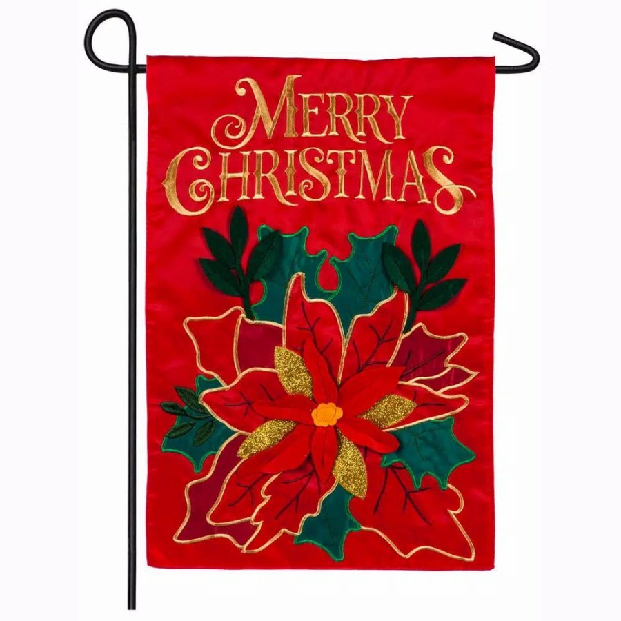 Outdoor Christmas Decorations * | Evergreen 18 In. X 12.5 In. Christmas Poinsettia Garden Applique Flag