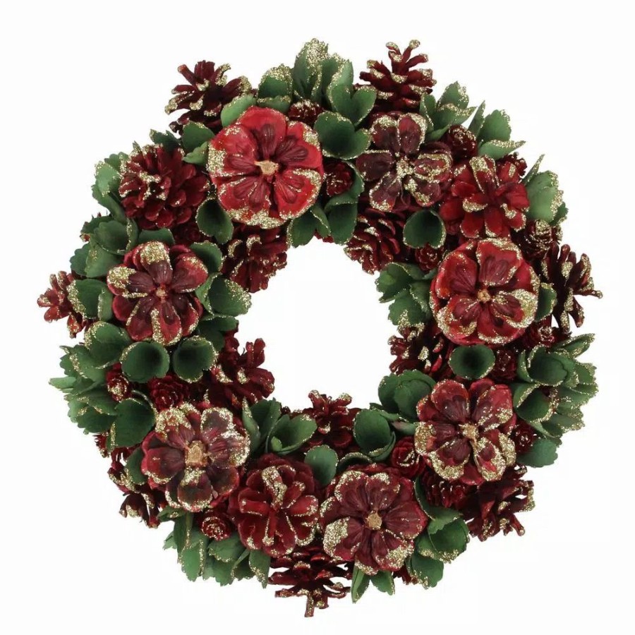 Christmas Greenery * | Northlight 13.5 In. Unlit Red And Green Floral And Pine Cone Wooden Christmas Wreath