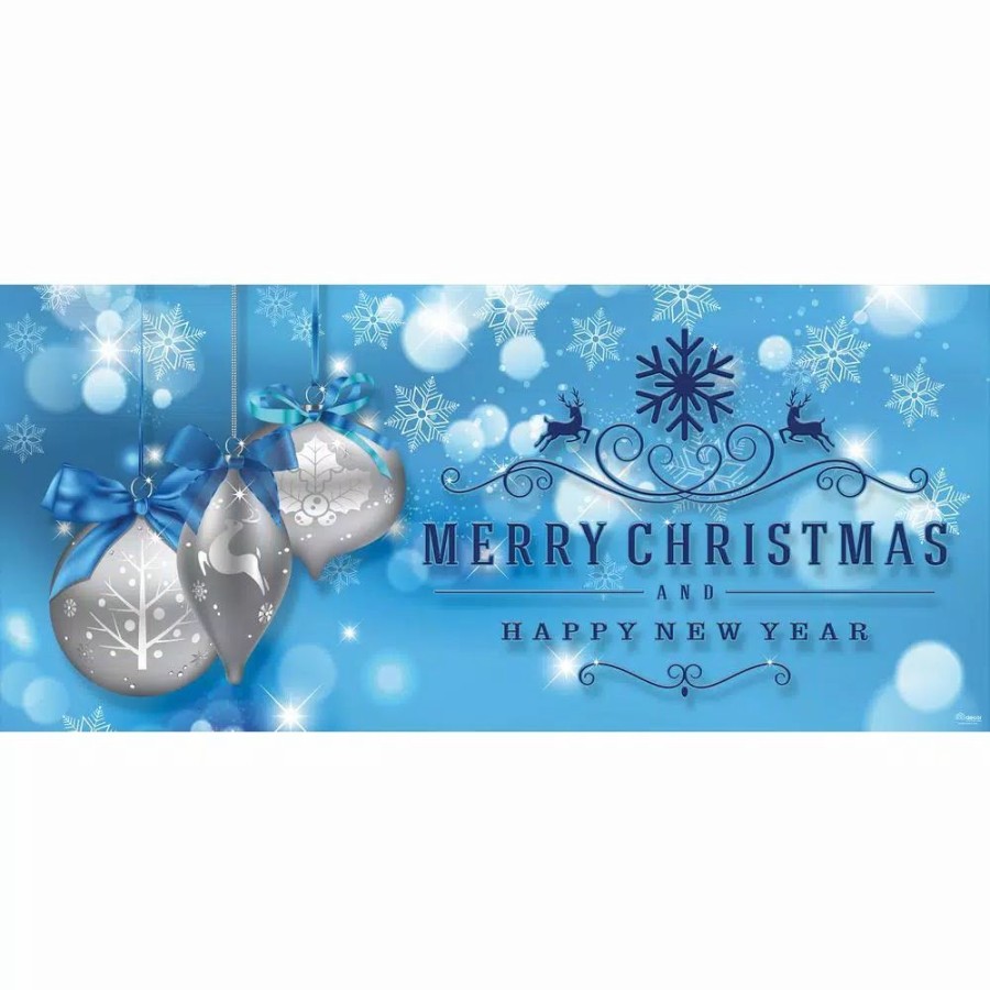 Outdoor Christmas Decorations * | My Door Decor 7 Ft. X 16 Ft. Silver Christmas Ornaments On Blue Christmas Garage Door Decor Mural For Double Car Garage