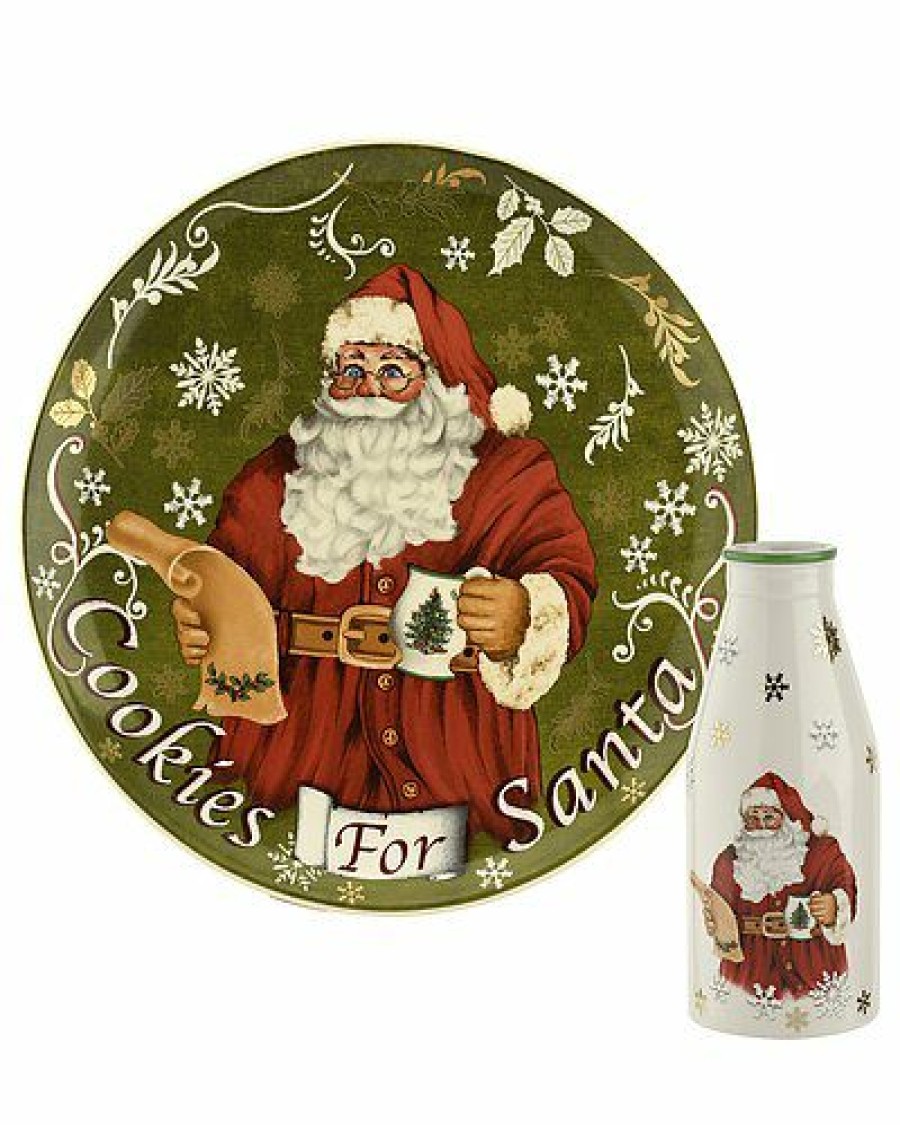 Kitchen & Dining Room * | Spode Christmas Tree 2Pc Cookies For Santa Plate & Bottle Home