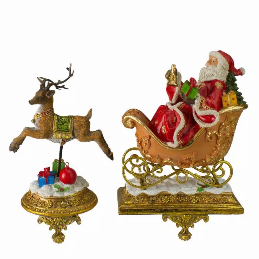 Indoor Christmas Decorations * | Northlight 9.5 In. Santa And Reindeer Glittered Christmas Stocking Holder (Set Of 2)