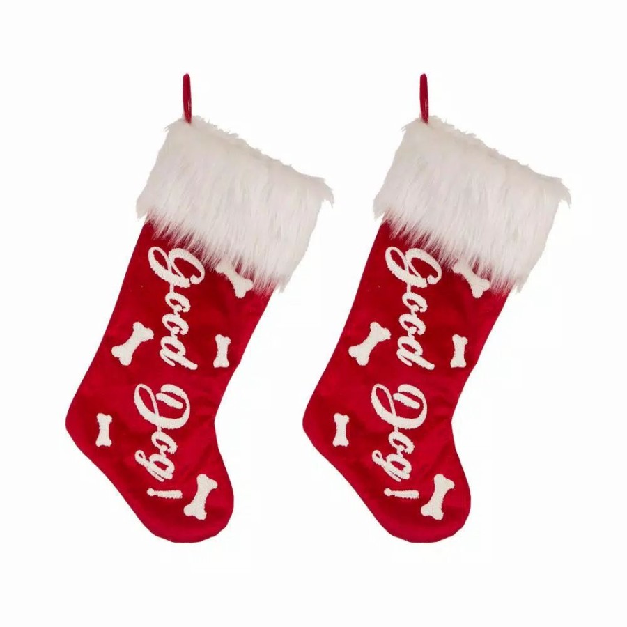 Indoor Christmas Decorations * | Glitzhome 21 In. H Polyester Velvet Christmas Stocking With Plush Cuff- Good Dog (2-Pack)