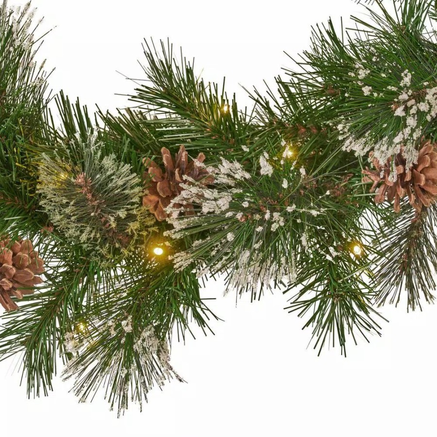 Christmas Greenery * | Noble House 9 Ft. Cashmere Pine Battery Operated Pre-Lit Led Artificial Christmas Garland With Snowy Branches And Pinecones