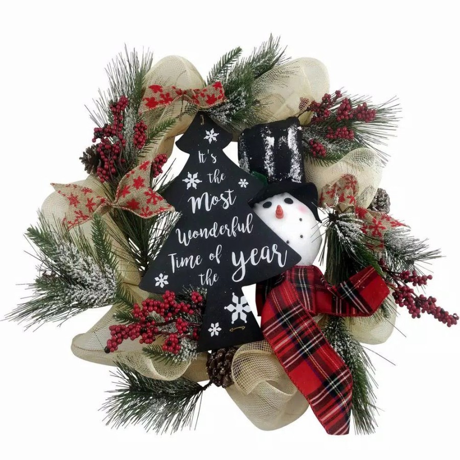 Christmas Greenery * | Fraser Hill Farm 20 In. Artificial Christmas Wreath With Snowman, Pinecones, Berries