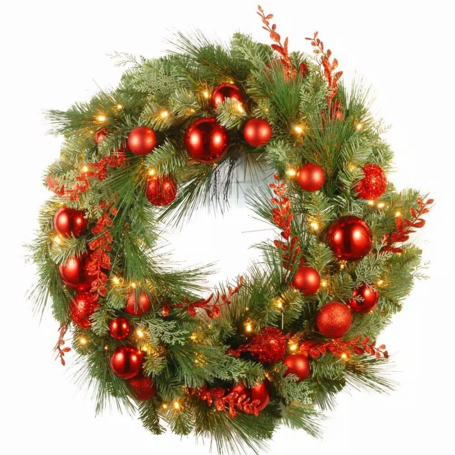 Christmas Greenery * | National Tree Company 30 In. Battery Operated Decorative Collection Christmas Red Mixed Wreath With Warm White Led Lights