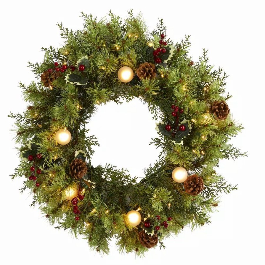 Christmas Greenery * | Nearly Natural 24 In. Pre-Lit Christmas Artificial Wreath With 50 White Warm Lights 7 Globe Bulbs Berries And Pine Cones