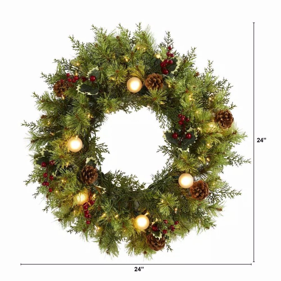 Christmas Greenery * | Nearly Natural 24 In. Pre-Lit Christmas Artificial Wreath With 50 White Warm Lights 7 Globe Bulbs Berries And Pine Cones