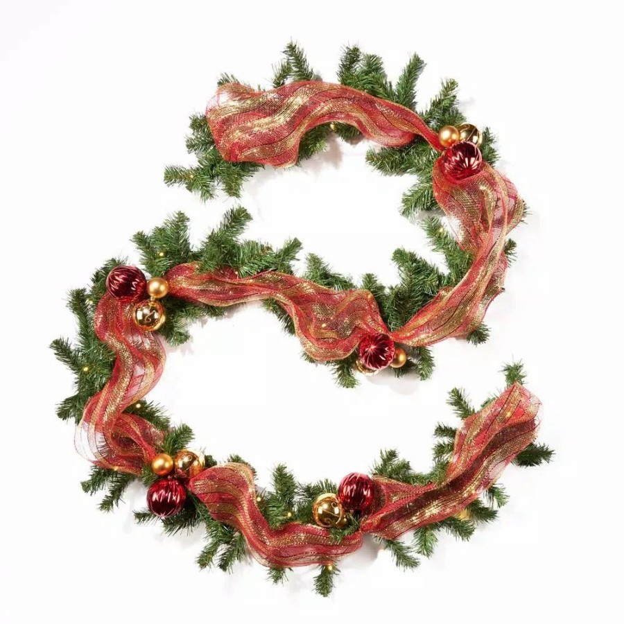 Christmas Greenery * | Noble House 9 Ft. Green Battery Operated Pre-Lit Warm White Led Noble Fir Pre-Decorated Artificial Christmas Garland