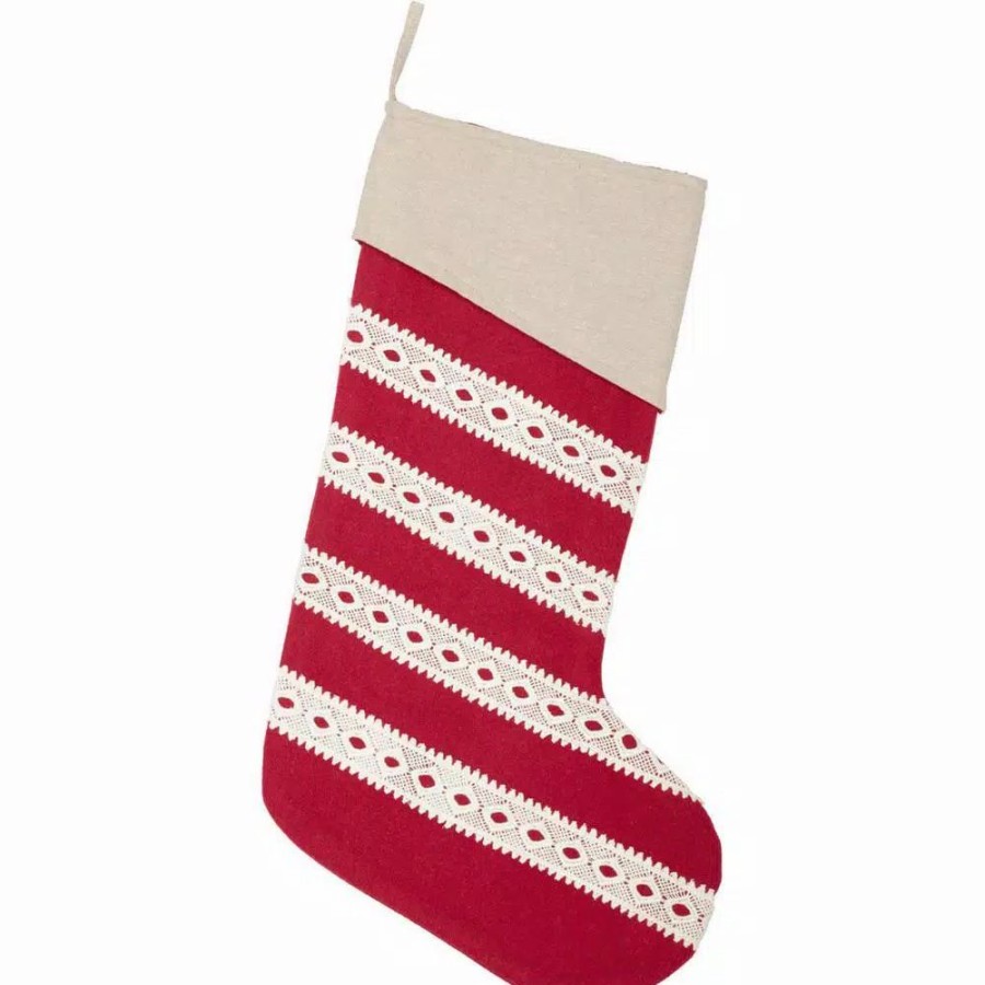 Indoor Christmas Decorations * | Vhc Brands 20 In. Cotton/Felt Red Margot Farmhouse Christmas Decor Stocking