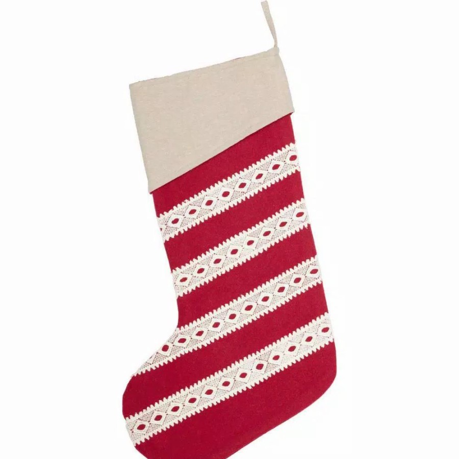 Indoor Christmas Decorations * | Vhc Brands 20 In. Cotton/Felt Red Margot Farmhouse Christmas Decor Stocking