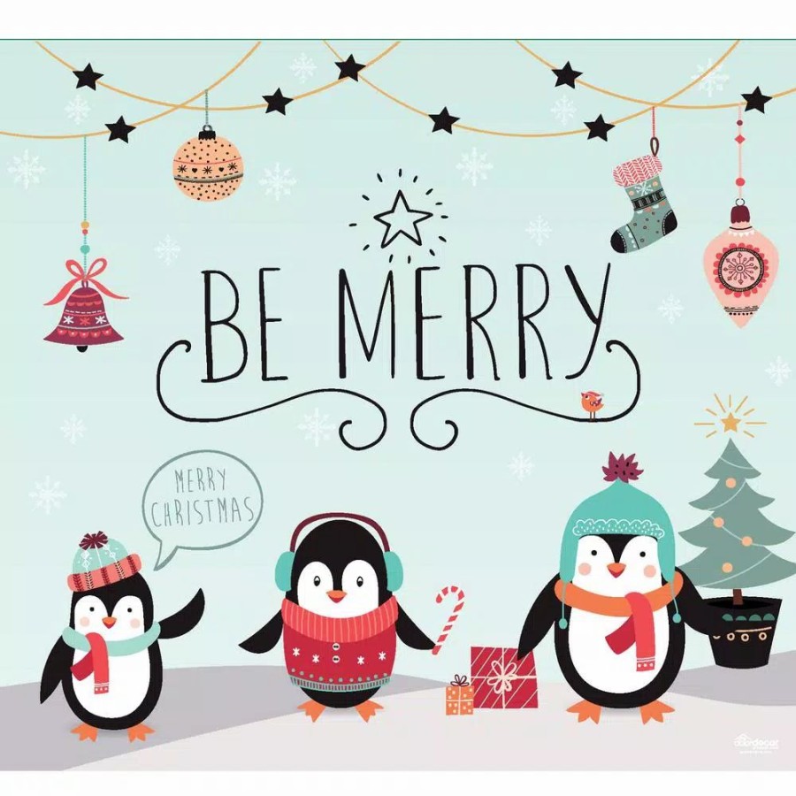 Outdoor Christmas Decorations * | My Door Decor 7 Ft. X 8 Ft. Merry Penguins-Christmas Garage Door Decor Mural For Single Car Garage