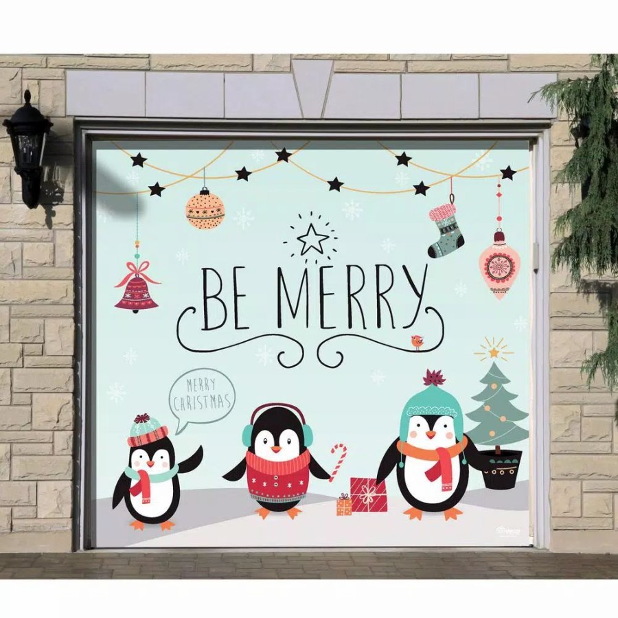 Outdoor Christmas Decorations * | My Door Decor 7 Ft. X 8 Ft. Merry Penguins-Christmas Garage Door Decor Mural For Single Car Garage