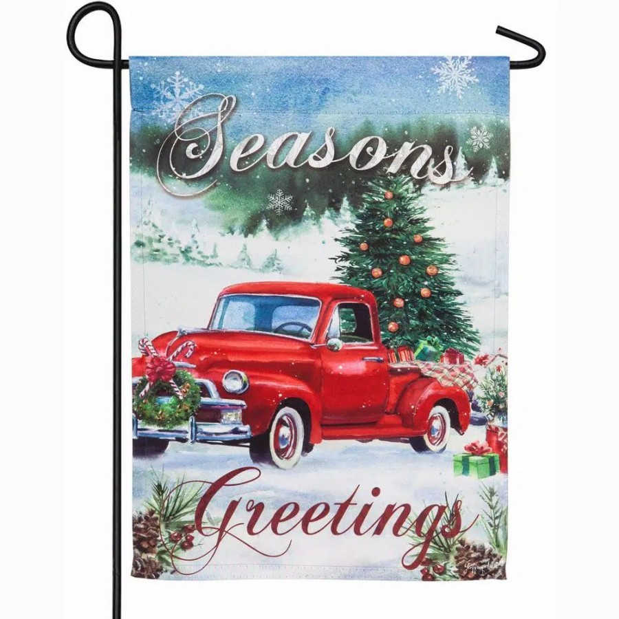 Outdoor Christmas Decorations * | Evergreen 18 In. X 12.5 In. Christmas Farm Pickup Garden Suede Flag