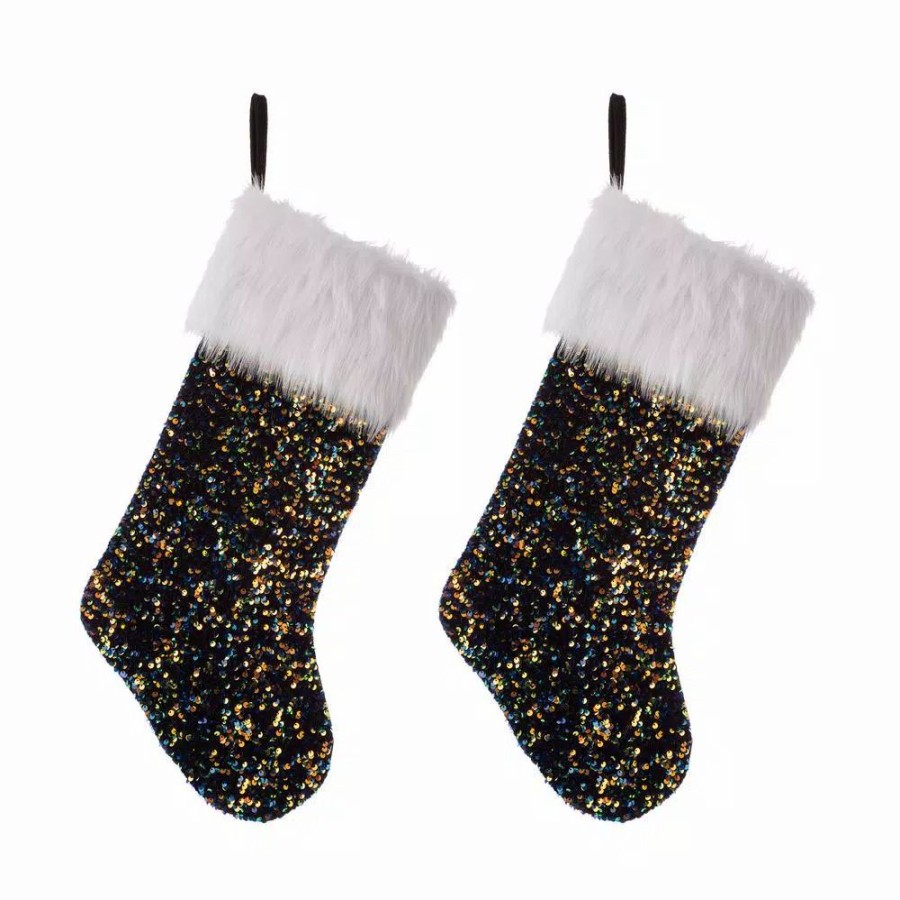 Indoor Christmas Decorations * | Glitzhome 21 In. H Polyester Navy Blue Sequin Christmas Stocking (2-Pack)