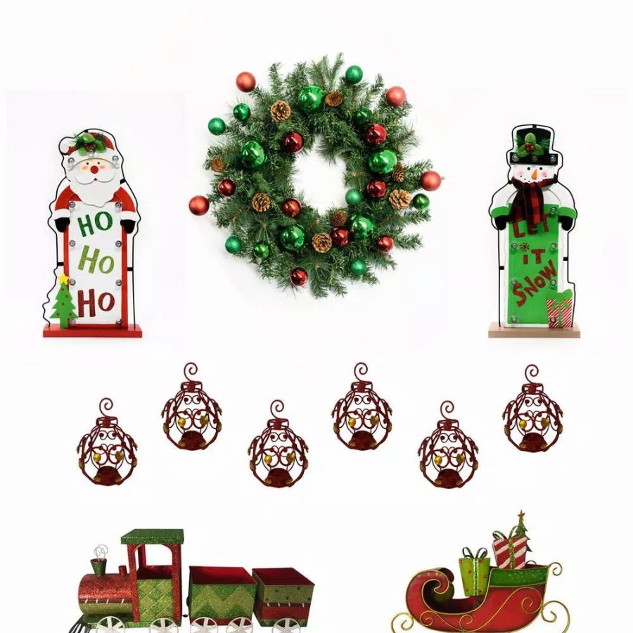 Christmas Greenery * | Fraser Hill Farm 24 In. Artificial Christmas Wreath With Train, Sleigh, Gift Box, Lighted Ho Ho Ho & Let It Snow And Bejeweled Ornaments