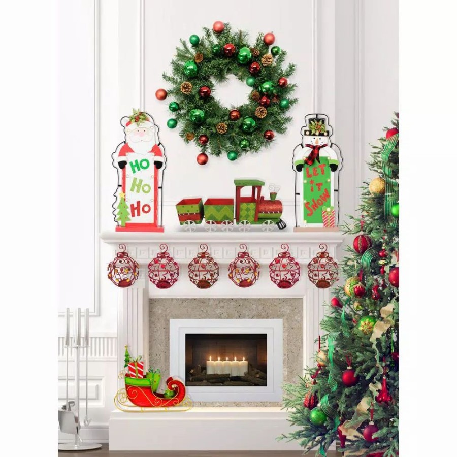 Christmas Greenery * | Fraser Hill Farm 24 In. Artificial Christmas Wreath With Train, Sleigh, Gift Box, Lighted Ho Ho Ho & Let It Snow And Bejeweled Ornaments