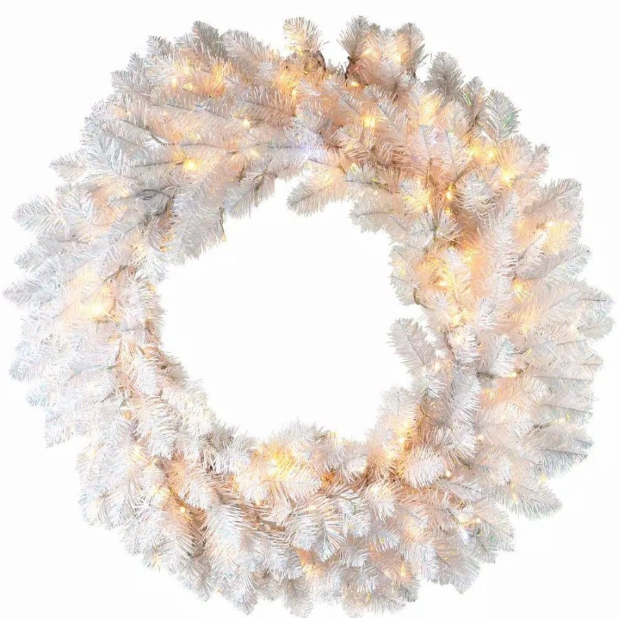 Christmas Greenery * | Fraser Hill Farm 2.5 Ft. Icy Fir Christmas Wreath Arrangement With Cool White Led Twinkle Lights