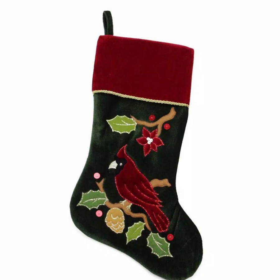 Indoor Christmas Decorations * | Northlight 20 In. Red And Green Velveteen Cardinal Embroidered Polyester Christmas Stocking