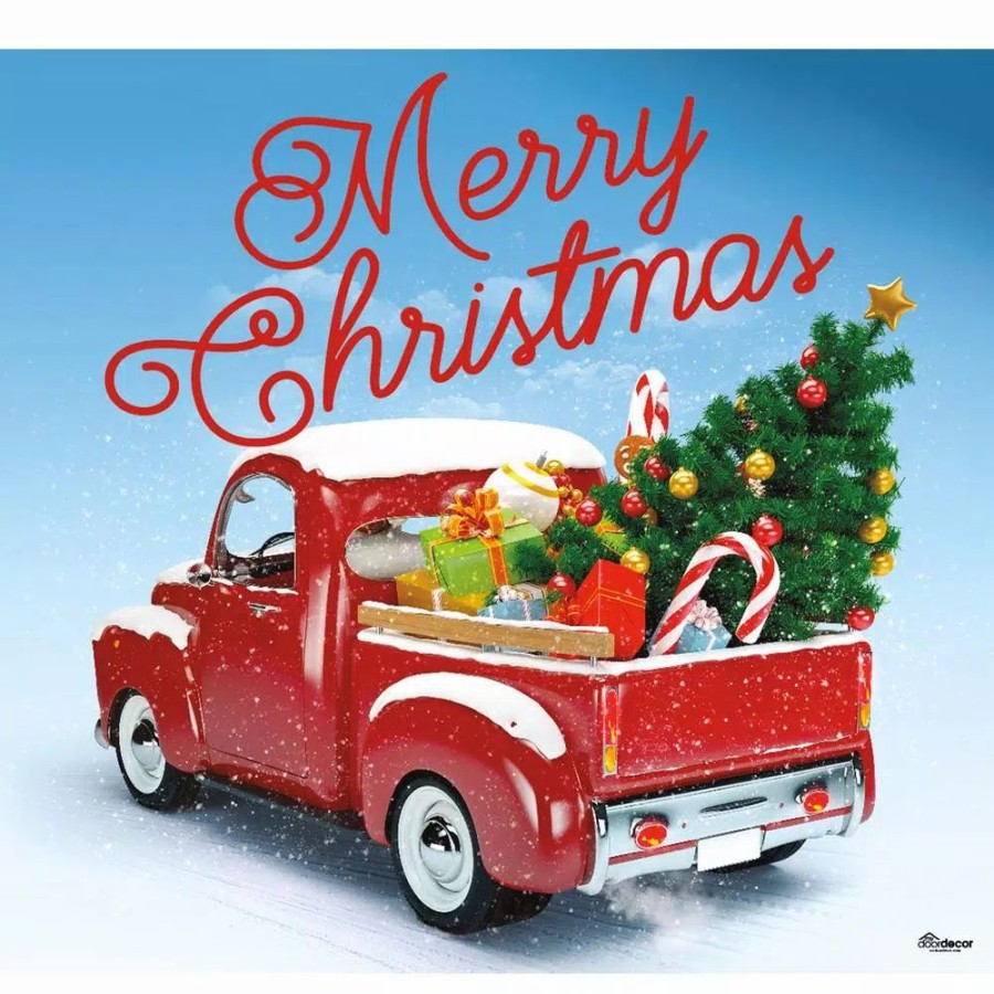 Outdoor Christmas Decorations * | My Door Decor 7 Ft. X 8 Ft. Red Truck Christmas-Christmas Garage Door Decor Mural For Single Car Garage