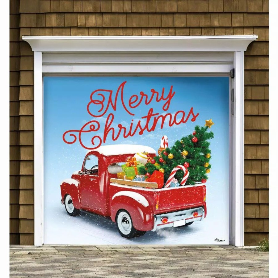 Outdoor Christmas Decorations * | My Door Decor 7 Ft. X 8 Ft. Red Truck Christmas-Christmas Garage Door Decor Mural For Single Car Garage