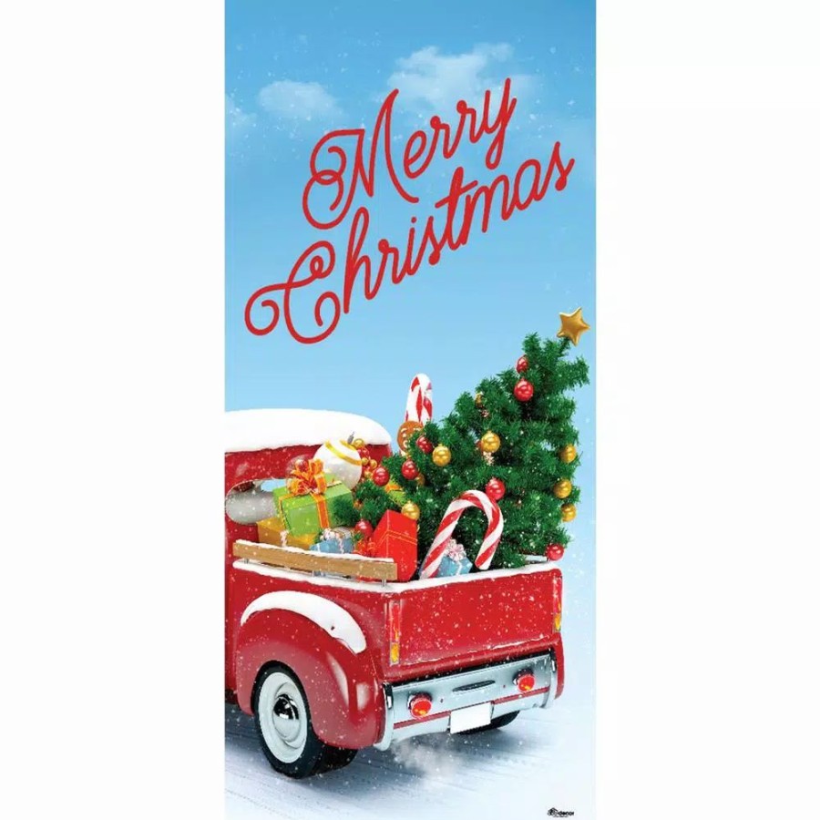 Outdoor Christmas Decorations * | My Door Decor 36 In. X 80 In. Red Truck Christmas-Christmas Front Door Decor Mural