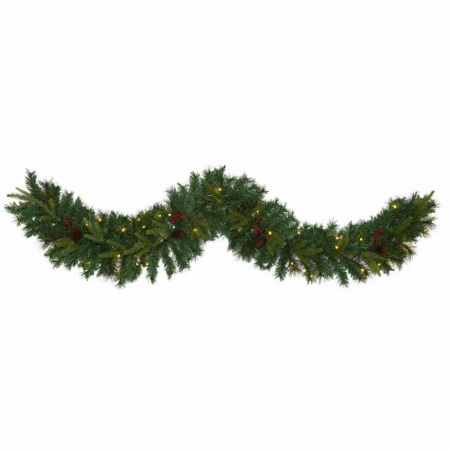 Christmas Greenery * | Nearly Natural 6 Ft. Battery Operated Pre-Lit Mixed Pine Artificial Christmas Garland With 35 Clear Led Lights, Berries And Pinecones