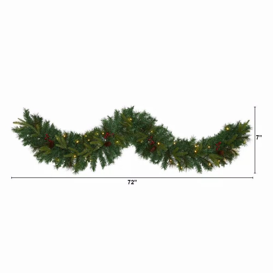 Christmas Greenery * | Nearly Natural 6 Ft. Battery Operated Pre-Lit Mixed Pine Artificial Christmas Garland With 35 Clear Led Lights, Berries And Pinecones