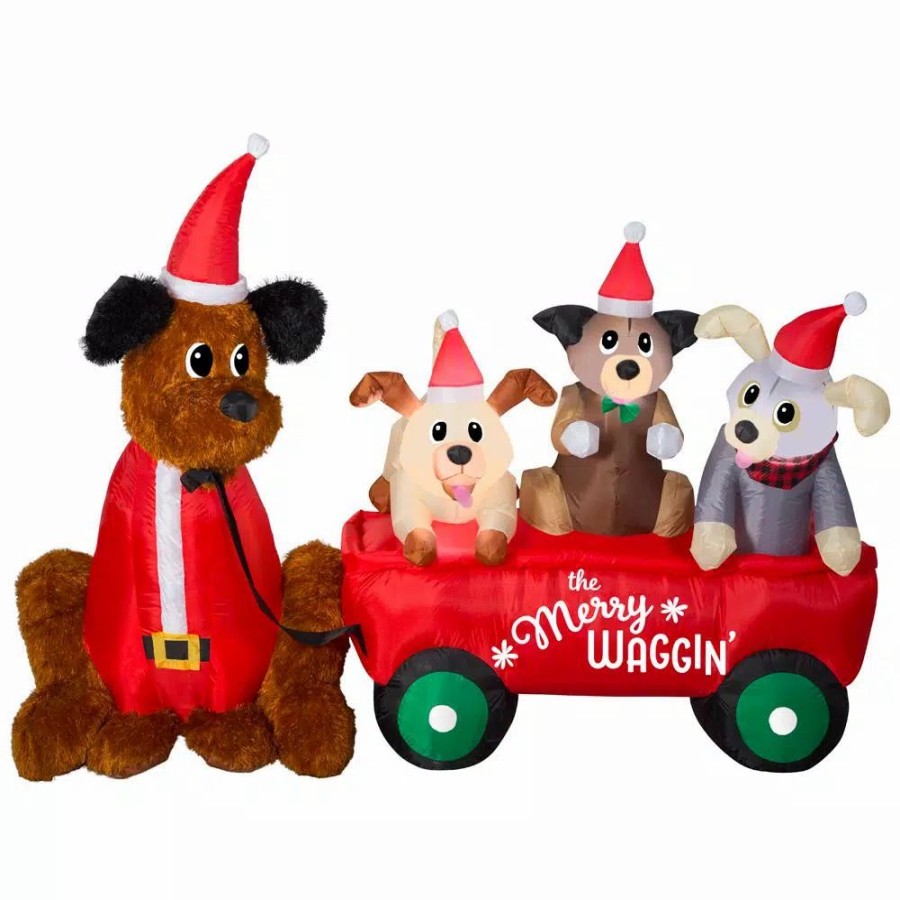 Outdoor Christmas Decorations * | Home Accents Holiday 7 Ft. W Pre-Lit Life Size Inflatable Wagon With Christmas Puppies Scene