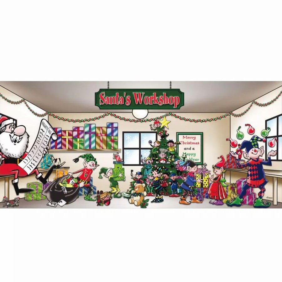 Outdoor Christmas Decorations * | My Door Decor 7 Ft. X 16 Ft. Santa'S Workshop Christmas Garage Door Decor Mural For Double Car Garage