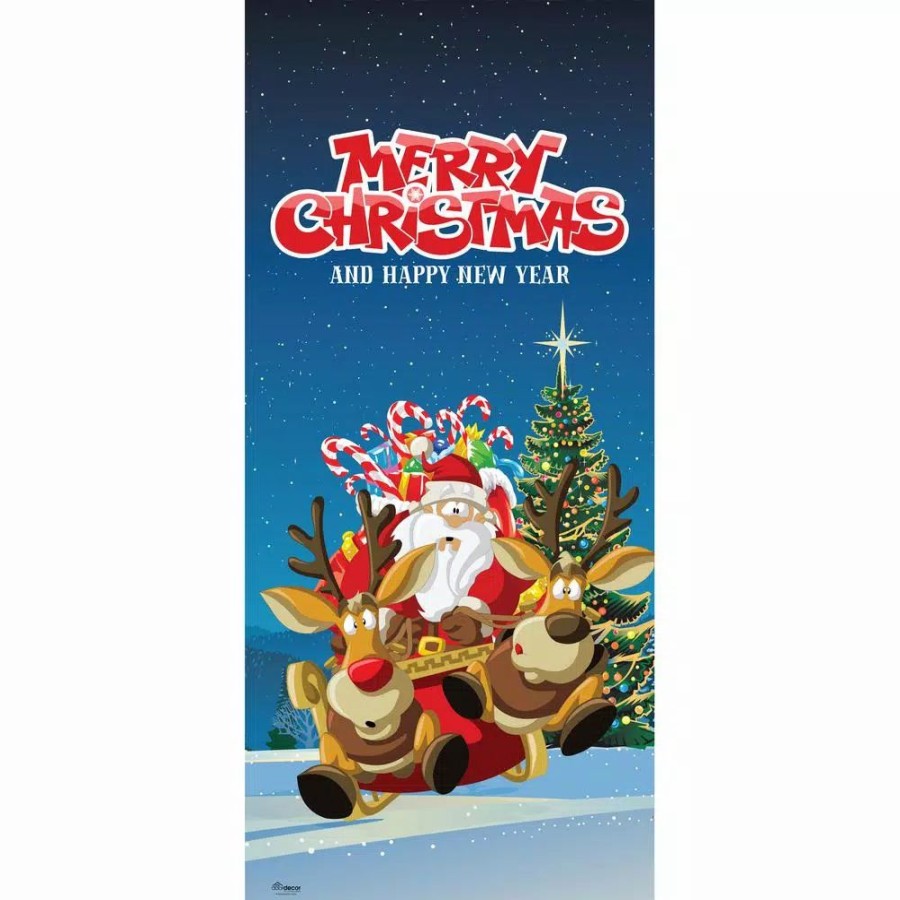 Outdoor Christmas Decorations * | My Door Decor 36 In. X 80 In. Santa'S Take Off-Christmas Front Door Decor Mural