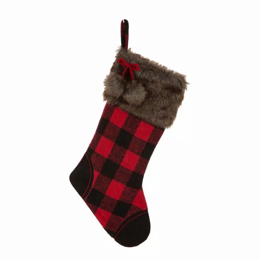 Indoor Christmas Decorations * | Glitzhome 21 In. H Black/Red Polyester Fur Buffalo Plaid Christmas Stocking