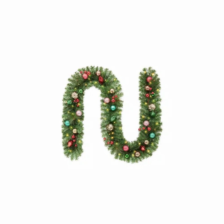 Christmas Greenery * | Home Accents Holiday 9 Ft. Fantasleigh Battery Operated Pre-Lit Led Artificial Christmas Garland