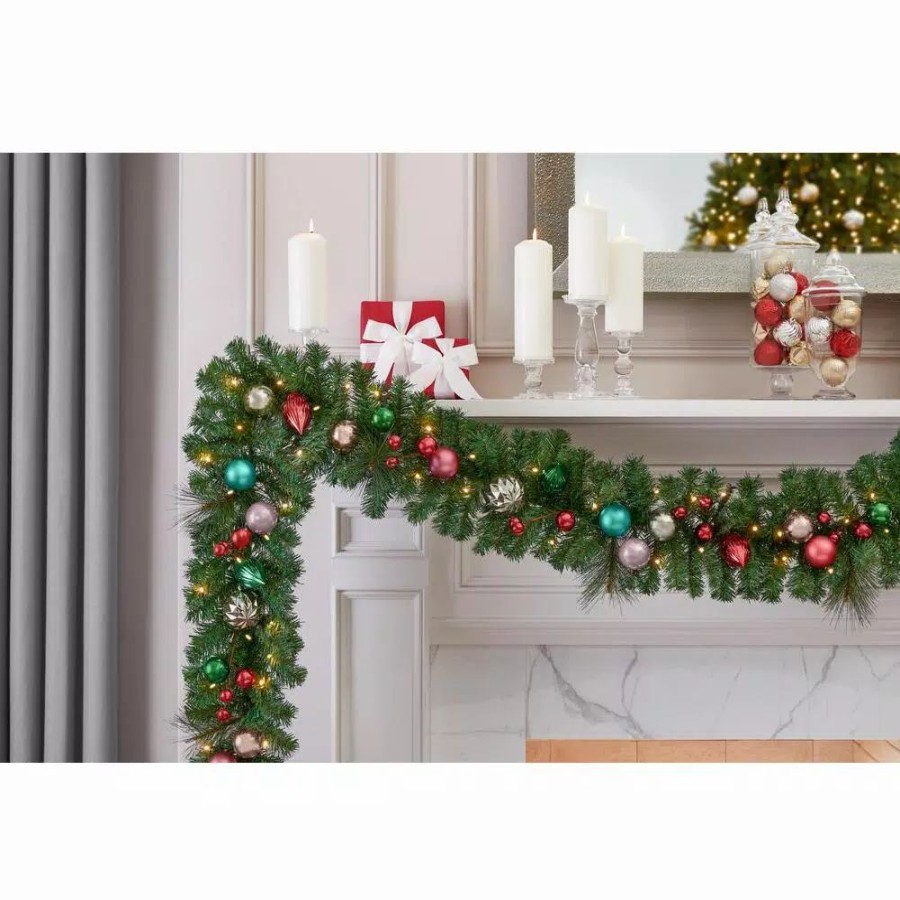 Christmas Greenery * | Home Accents Holiday 9 Ft. Fantasleigh Battery Operated Pre-Lit Led Artificial Christmas Garland